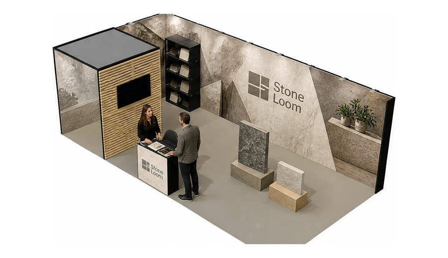 Stoisko 8 × 4 m narożne lewe dla branży wykończenie wnętrz, przykładowa marka Stone Loom