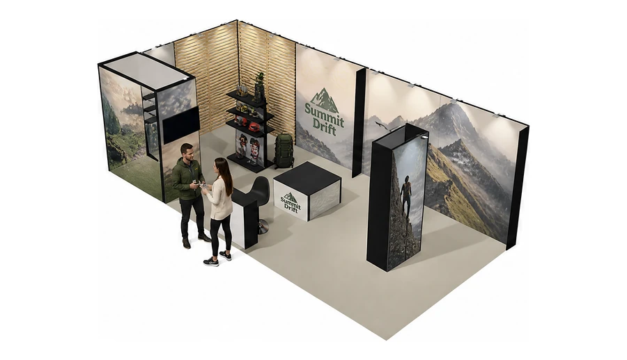 Stoisko 8 × 4 m narożne lewe dla branży odzież i sprzęt outdoorowy, przykładowa marka Summit Drift