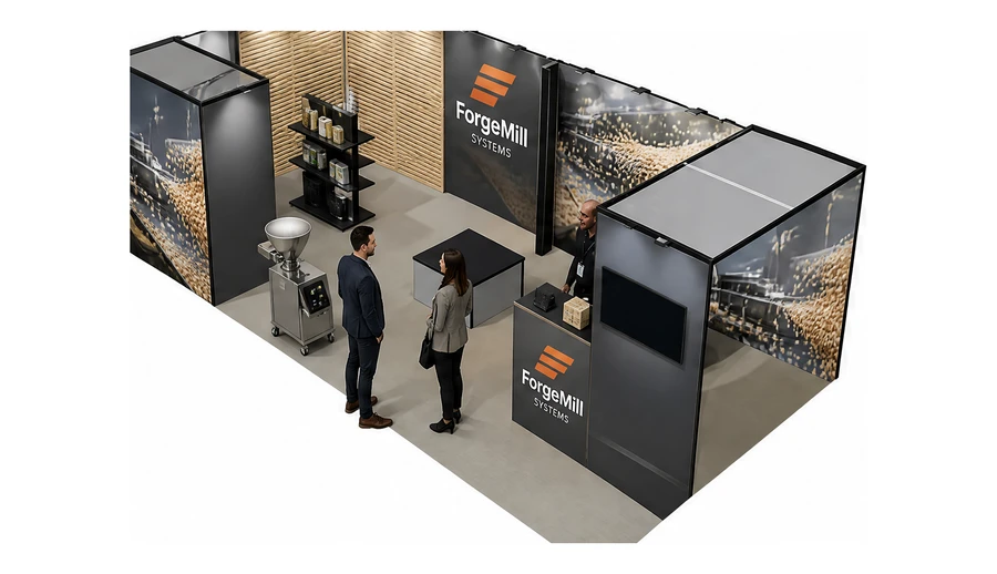 Stoisko 8 × 4 m narożne lewe dla branży technologie spożywcze, przykładowa marka ForgeMill Systems