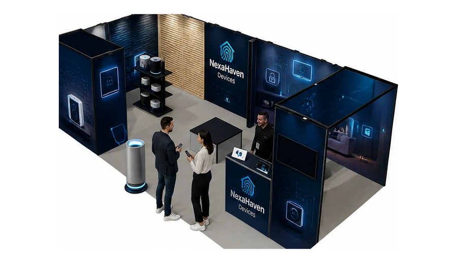 Stoisko 8 × 4 m narożne lewe dla branży smart home i IoT, przykładowa marka NexaHaven Devices