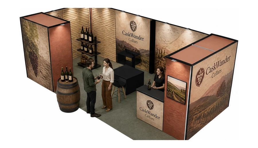 Stoisko 8 × 4 m narożne lewe dla branży winnica, przykładowa marka CaskWander Cellars