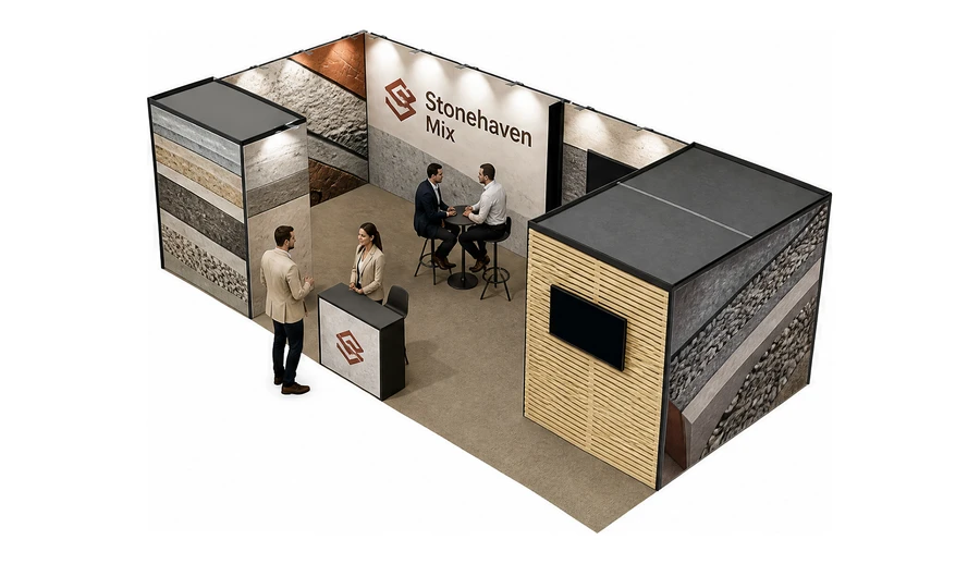 Stoisko 8 × 4 m narożne lewe dla branży materiały budowlane, przykładowa marka Stonehaven Mix