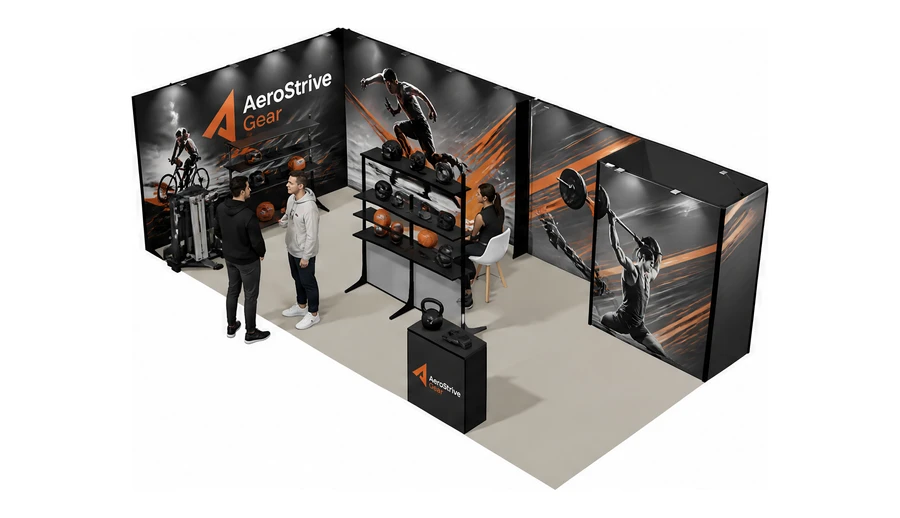Stoisko 8 × 4 m narożne lewe dla branży sprzęt sportowy, przykładowa marka AeroStrive Gear