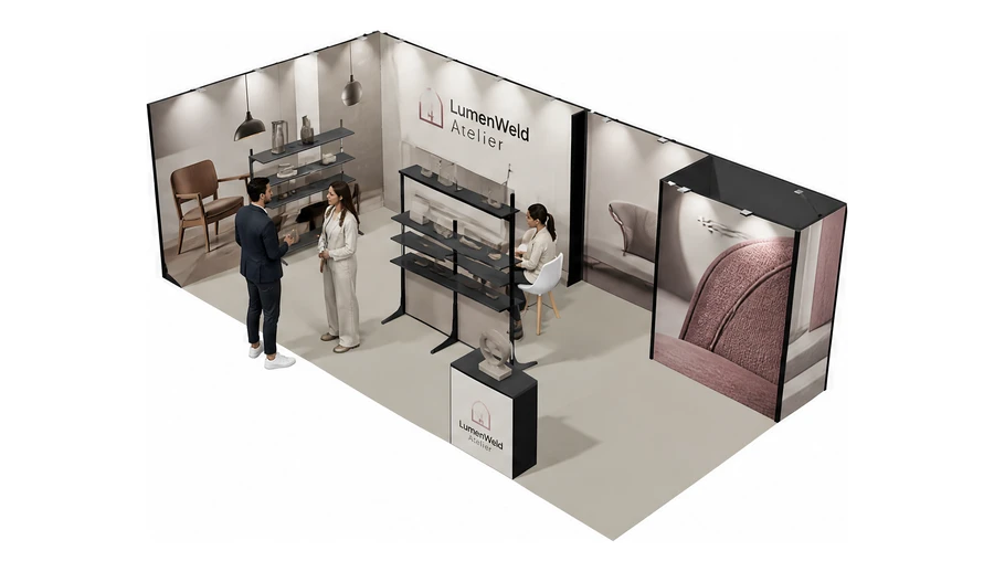 Stoisko 8 × 4 m narożne lewe dla branży meble designerskie, przykładowa marka LumenWeld Atelier