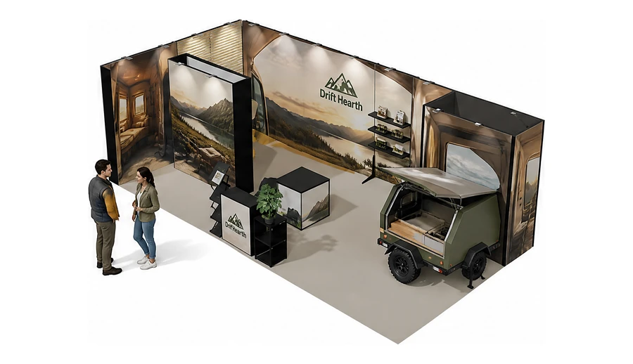 Stoisko 8 × 4 m narożne lewe dla branży caravaning i kampery, przykładowa marka Drift Hearth