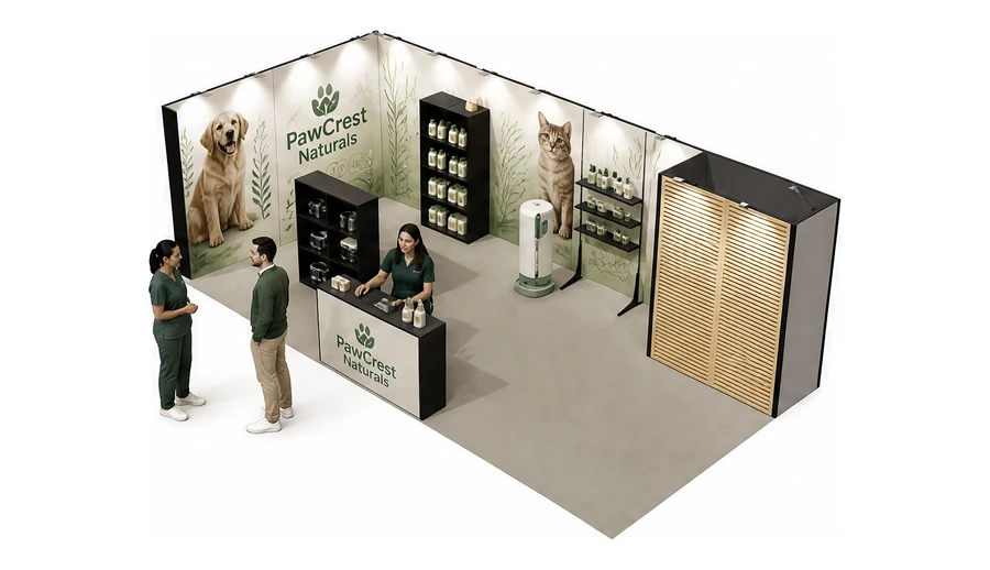 Stoisko 8 × 4 m narożne lewe dla branży weterynaria, przykładowa marka PawCrest Naturals