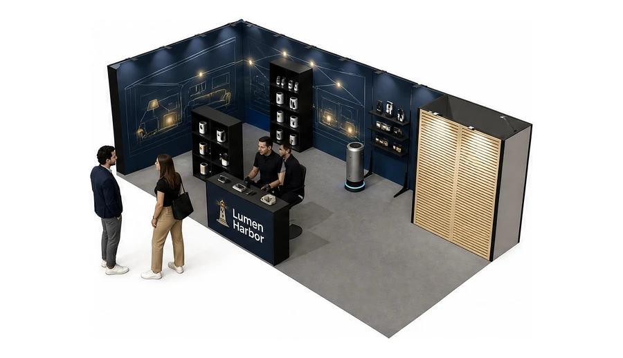 Stoisko 8 × 4 m narożne lewe dla branży smart home i IoT, przykładowa marka Lumen Harbor
