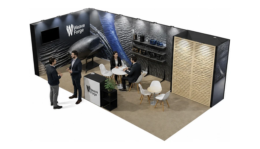 Stoisko 8 × 4 m narożne lewe dla branży materiały kompozytowe, przykładowa marka Weave Forge