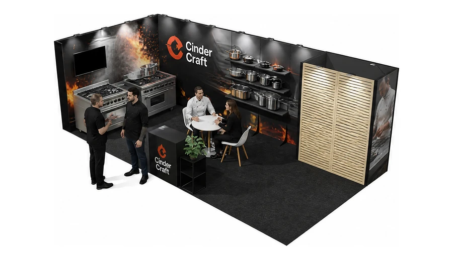 Stoisko 8 × 4 m narożne lewe dla branży wyposażenie gastronomii, przykładowa marka Cinder Craft
