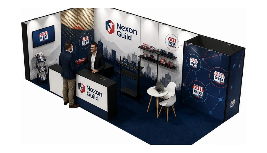 Stoisko 8 × 4 m narożne lewe dla branży franczyza i sieci, przykładowa marka Nexon Guild