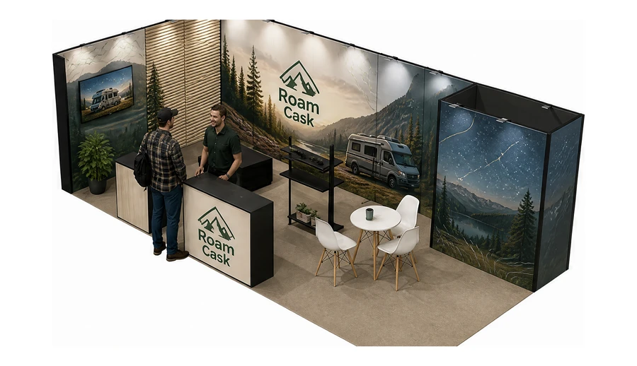 Stoisko 8 × 4 m narożne lewe dla branży caravaning i kampery, przykładowa marka Roam Cask