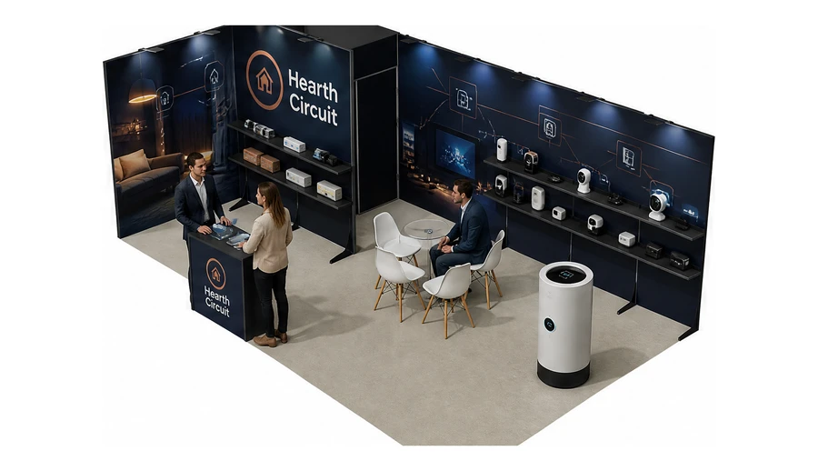 Stoisko 8 × 4 m narożne lewe dla branży smart home i IoT, przykładowa marka Hearth Circuit