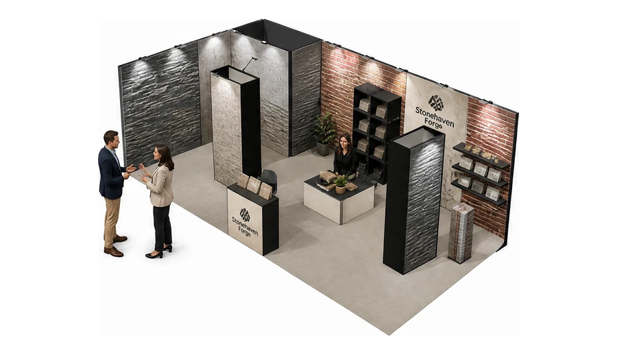 Stoisko 8 × 4 m narożne lewe dla branży materiały budowlane, przykładowa marka Stonehaven Forge
