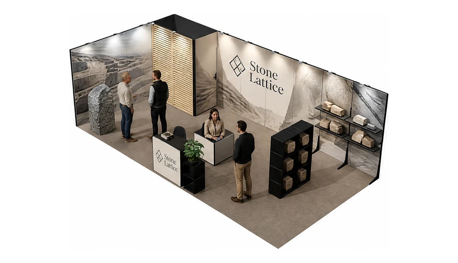 Stoisko 8 × 4 m narożne lewe dla branży kamień i kamieniarstwo, przykładowa marka Stone Lattice