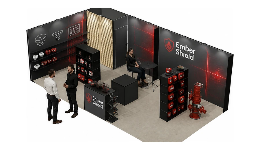 Stoisko 8 × 4 m narożne lewe dla branży ochrona przeciwpożarowa, przykładowa marka Ember Shield
