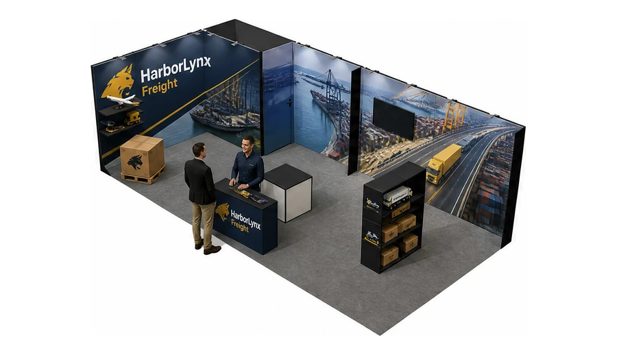 Stoisko 8 × 4 m narożne lewe dla branży logistyka i spedycja, przykładowa marka HarborLynx Freight