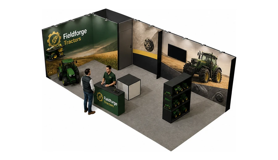 Stoisko 8 × 4 m narożne lewe dla branży maszyny rolnicze, przykładowa marka Fieldforge Tractors