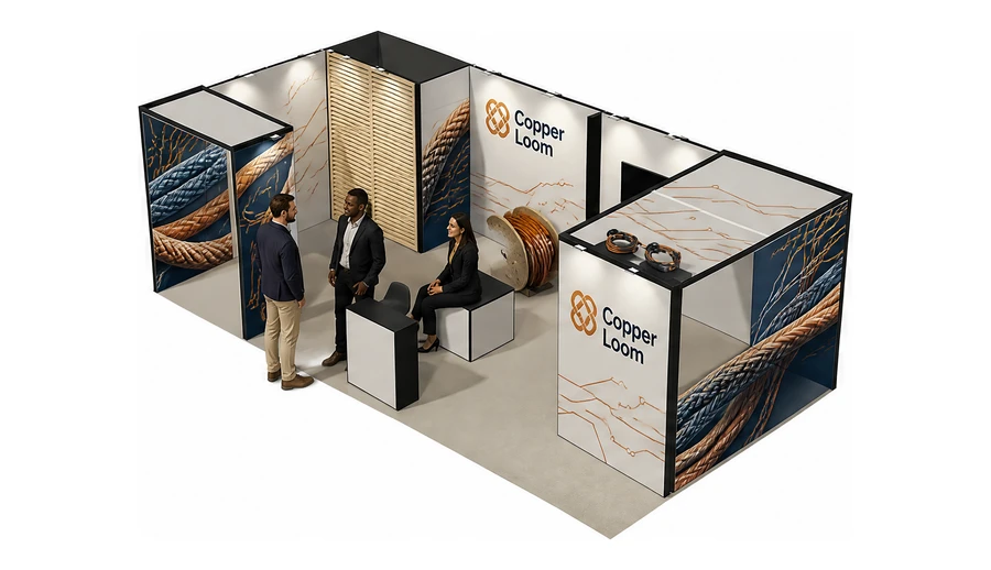 Stoisko 8 × 4 m narożne lewe dla branży kable i elektrotechnika, przykładowa marka Copper Loom