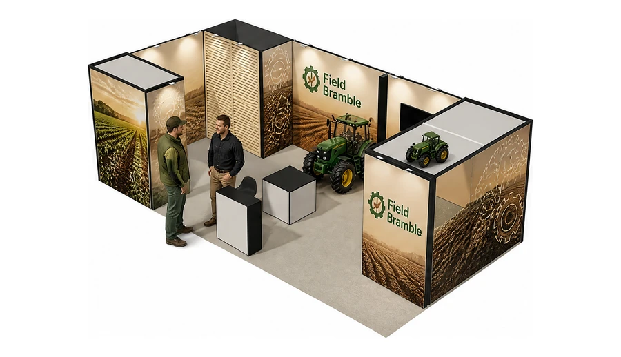 Stoisko 8 × 4 m narożne lewe dla branży maszyny rolnicze, przykładowa marka Field Bramble