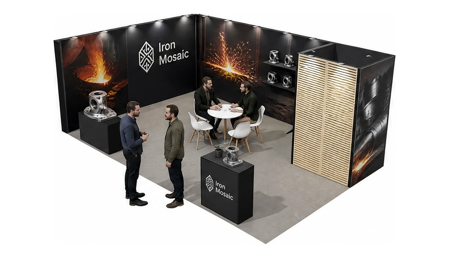 Stoisko 8 × 4 m narożne lewe dla branży obróbka metali i odlewnictwo, przykładowa marka Iron Mosaic