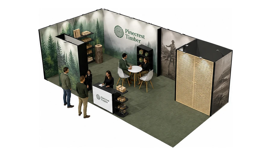 Stoisko 8 × 4 m narożne lewe dla branży leśnictwo i przemysł drzewny, przykładowa marka Pinecrest Timber