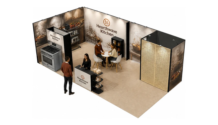Stoisko 8 × 4 m narożne lewe dla branży sprzęt kuchenny i AGD, przykładowa marka Hearthwave Kitchen