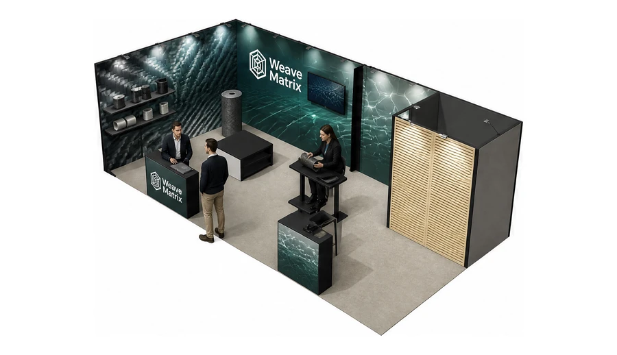 Stoisko 8 × 4 m narożne lewe dla branży materiały kompozytowe, przykładowa marka Weave Matrix