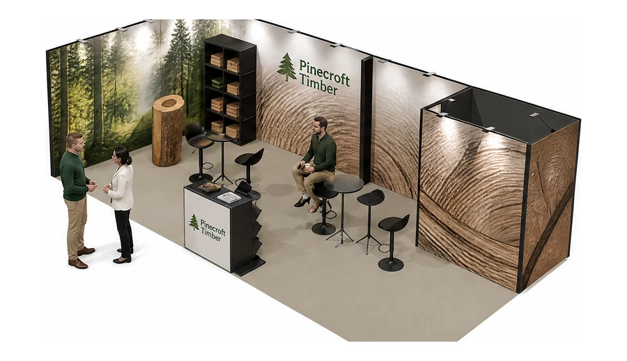 Stoisko 8 × 4 m narożne lewe dla branży leśnictwo i przemysł drzewny, przykładowa marka Pinecroft Timber