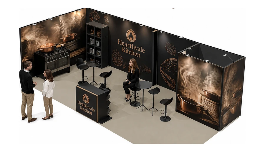 Stoisko 8 × 4 m narożne lewe dla branży sprzęt kuchenny i AGD, przykładowa marka Hearthvale Kitchen