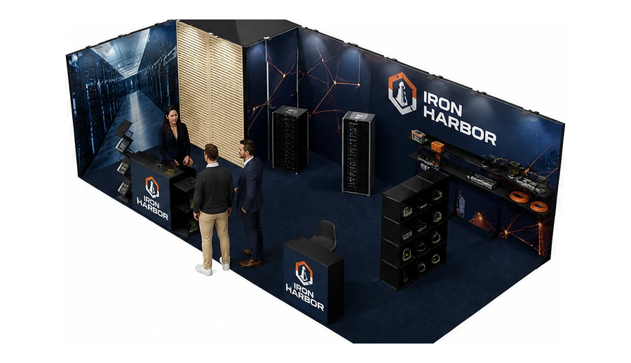 Stoisko 8 × 4 m narożne lewe dla branży infrastruktura IT i data center, przykładowa marka Iron Harbor