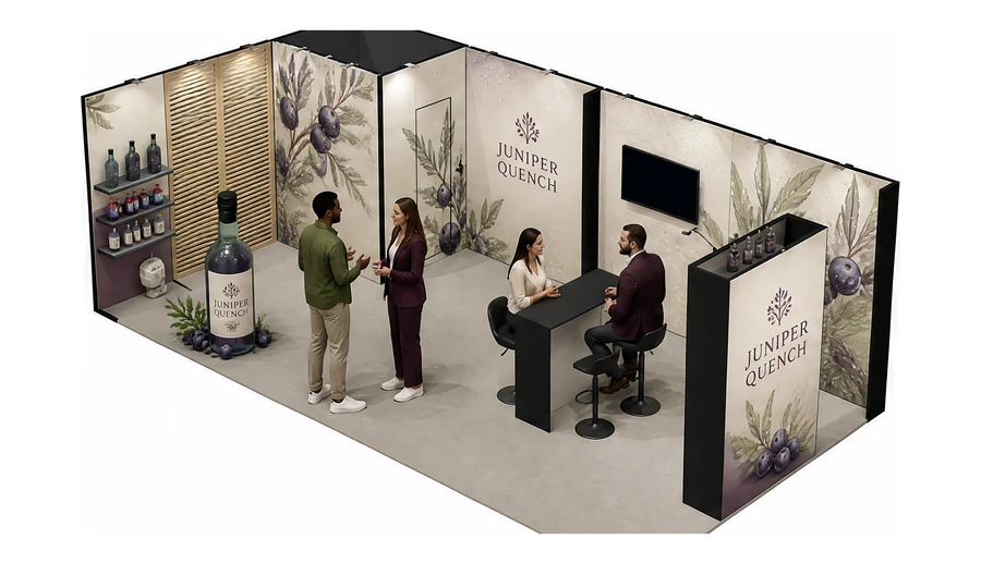 Stoisko 8 × 4 m narożne lewe dla branży napoje, przykładowa marka Juniper Quench