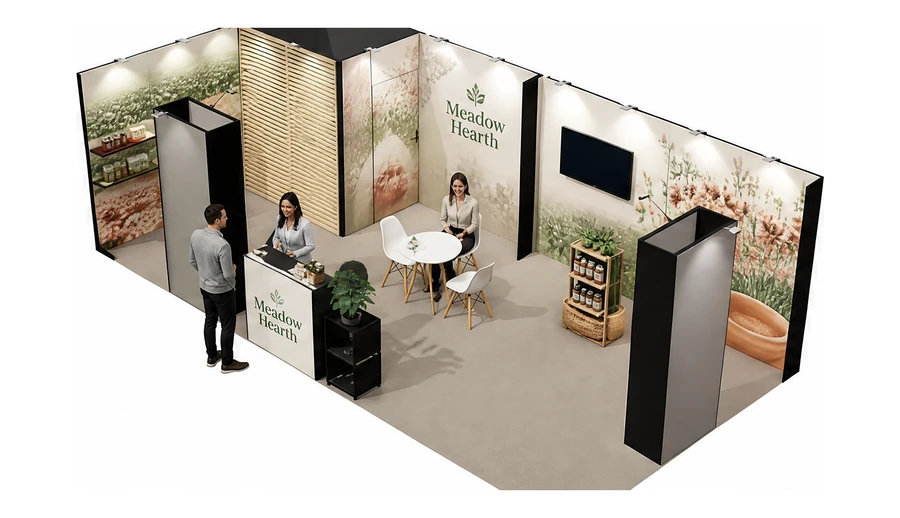 Stoisko 8 × 4 m narożne lewe dla branży żywność ekologiczna, przykładowa marka Meadow Hearth