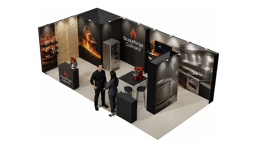Stoisko 8 × 4 m narożne lewe dla branży wyposażenie gastronomii, przykładowa marka Brassforge Culinary