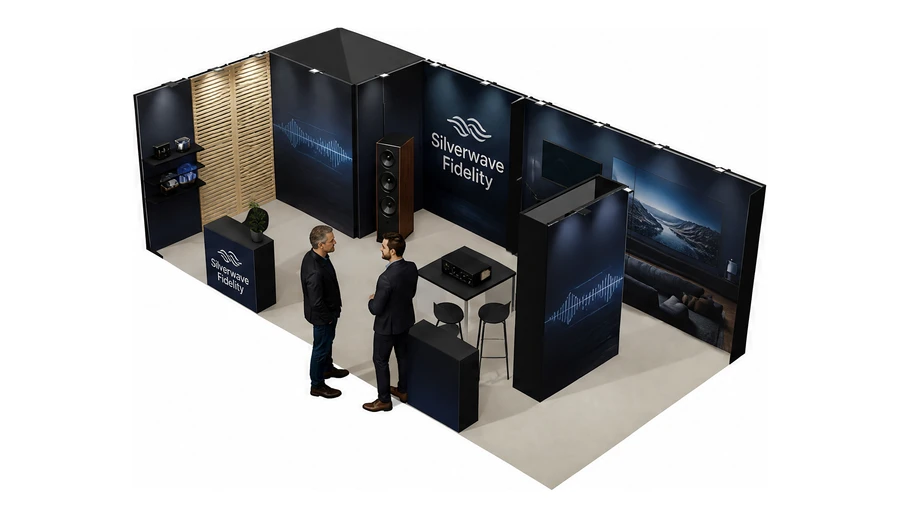 Stoisko 8 × 4 m narożne lewe dla branży sprzęt audio-video, przykładowa marka Silverwave Fidelity