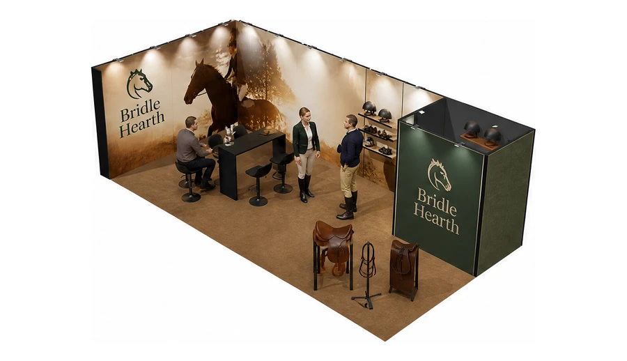 Stoisko 8 × 4 m narożne lewe dla branży jeździectwo, przykładowa marka Bridle Hearth