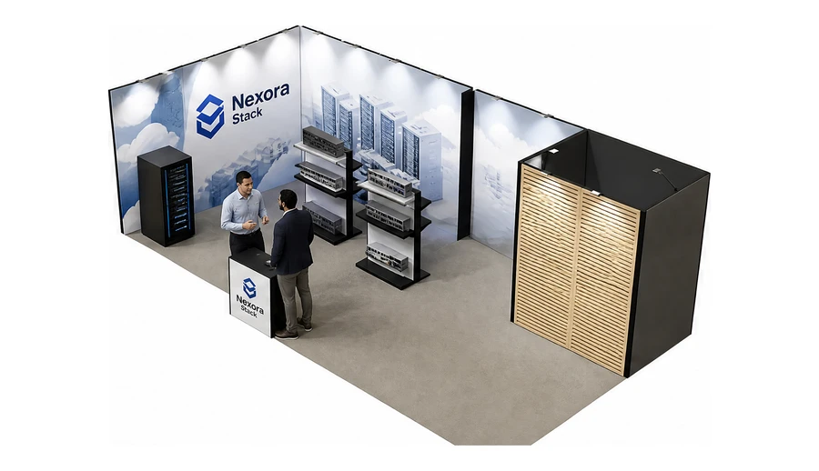 Stoisko 8 × 4 m narożne lewe dla branży infrastruktura IT i data center, przykładowa marka Nexora Stack