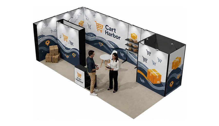 Stoisko 8 × 4 m narożne lewe dla branży e-commerce, przykładowa marka Cart Harbor