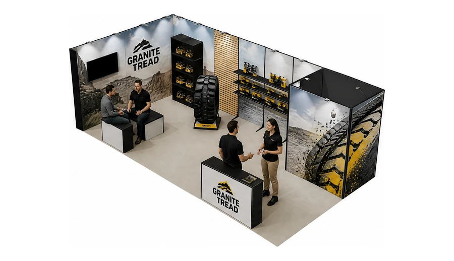 Stoisko 8 × 4 m narożne lewe dla branży maszyny budowlane, przykładowa marka Granite Tread