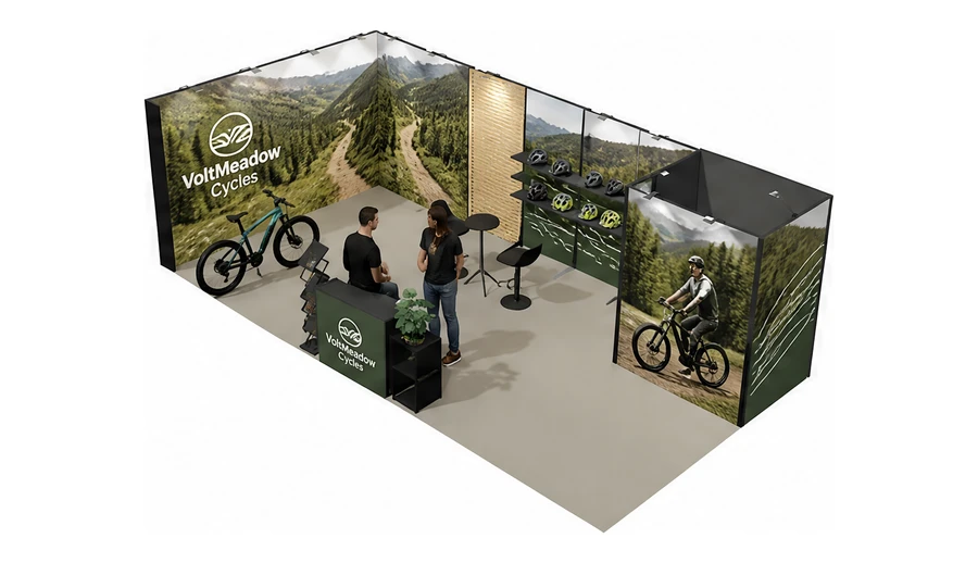 Stoisko 8 × 4 m narożne lewe dla branży rowery elektryczne, przykładowa marka VoltMeadow Cycles