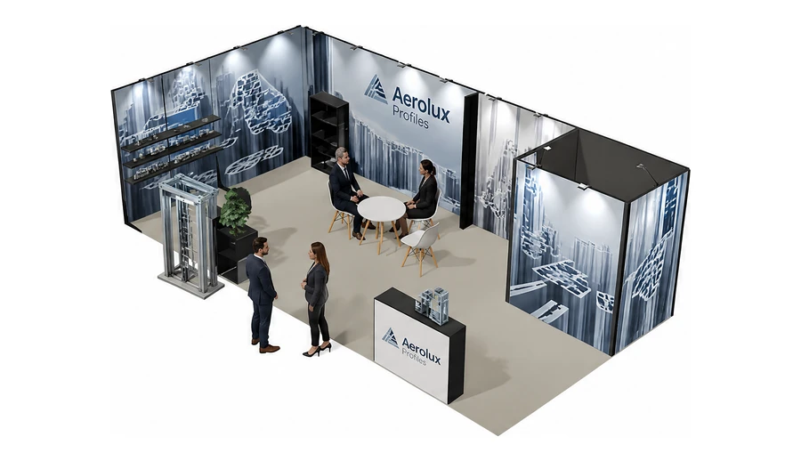 Stoisko 8 × 4 m narożne lewe dla branży profile aluminiowe, przykładowa marka Aerolux Profiles