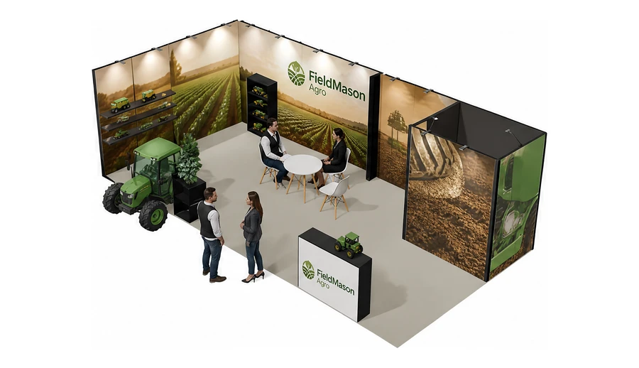 Stoisko 8 × 4 m narożne lewe dla branży maszyny rolnicze, przykładowa marka FieldMason Agro