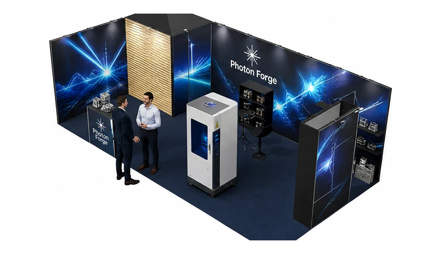 Stoisko 8 × 4 m narożne lewe dla branży technika laserowa i fotonika, przykładowa marka Photon Forge