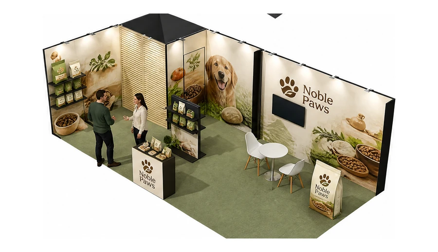 Stoisko 8 × 4 m narożne lewe dla branży karma dla zwierząt, przykładowa marka Noble Paws