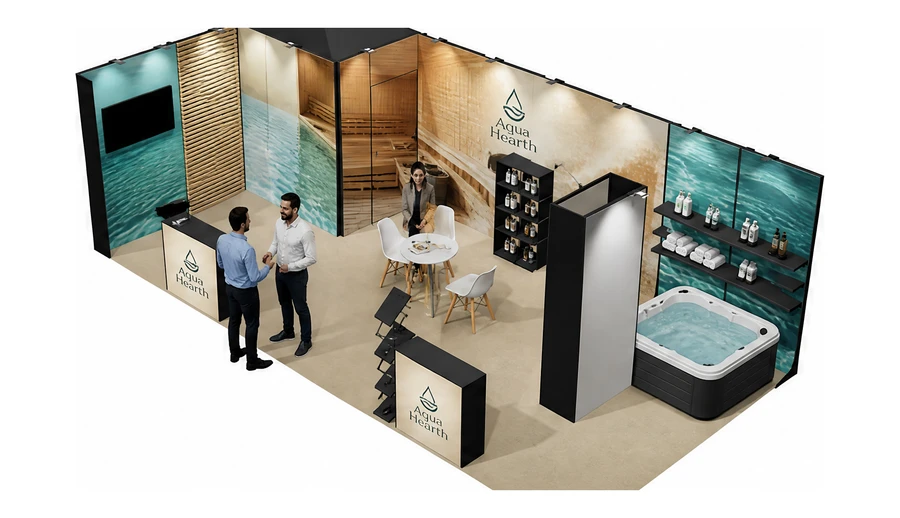 Stoisko 8 × 4 m narożne lewe dla branży baseny i sauny, przykładowa marka Aqua Hearth