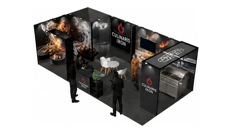 Stoisko 8 × 4 m narożne lewe dla branży wyposażenie gastronomii, przykładowa marka Culinaris Iron