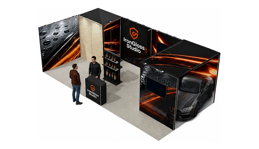 Stoisko 8 × 4 m narożne lewe dla branży tuning i detailing, przykładowa marka IronGloss Studio