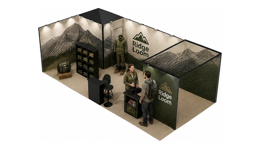 Stoisko 8 × 4 m narożne lewe dla branży odzież i sprzęt outdoorowy, przykładowa marka Ridge Loom