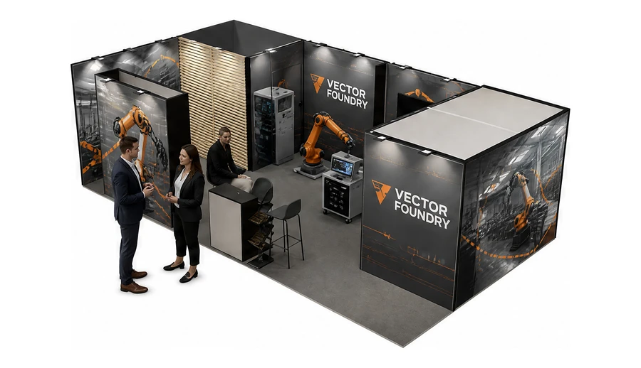 Stoisko 8 × 4 m narożne lewe dla branży automatyka przemysłowa, przykładowa marka Vector Foundry
