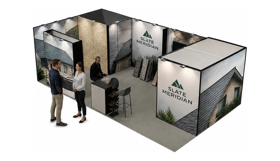 Stoisko 8 × 4 m narożne lewe dla branży dachy i elewacje, przykładowa marka Slate Meridian