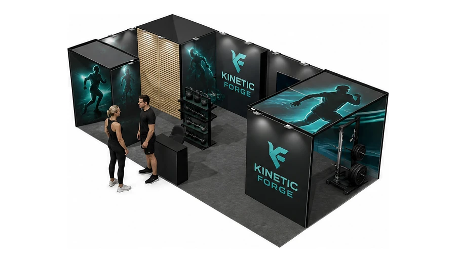 Stoisko 8 × 4 m narożne lewe dla branży fitness i siłownie, przykładowa marka Kinetic Forge